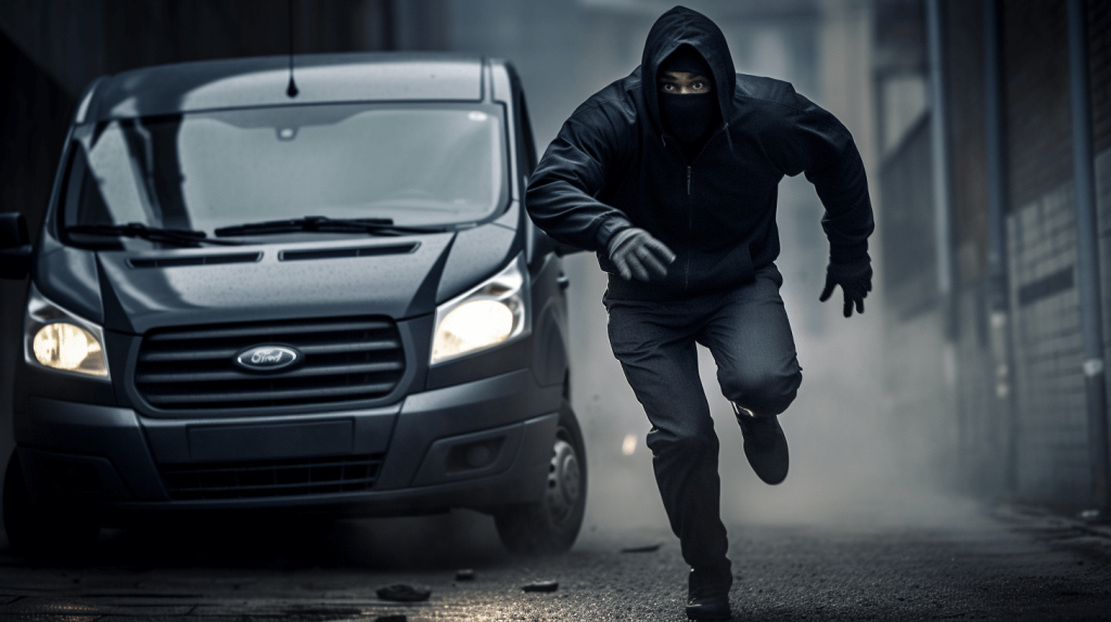 a van thief running away from a van due to an early warning system