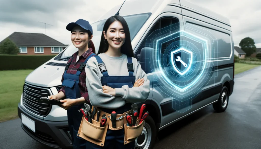 a tradesperson, a woman of Asian descent, standing next to her van, holding tools. The van displays a holographic shield, signifying its security