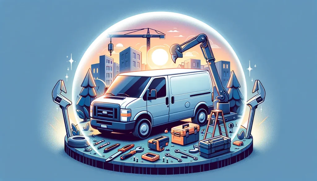 -Illustration-of-a-van-on-a-construction-site-at-dawn-surrounded-by-various-tools.-A-protective-bubble-surrounds-the-van-symbolizing-its-security
