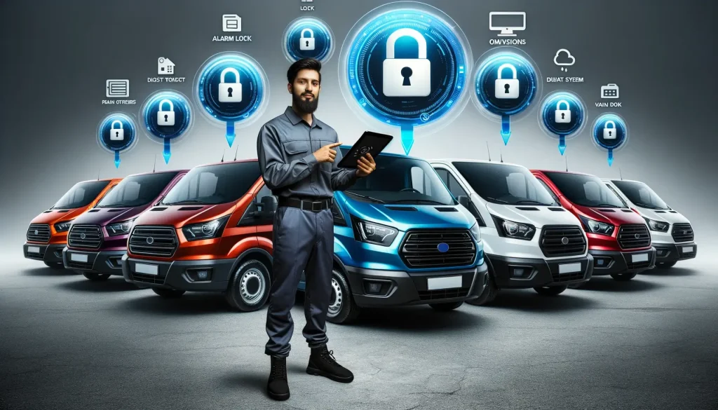 -a-row-of-parked-vans-in-various-colors-each-with-a-digital-lock-icon-displayed-on-its-side-door.-A-male-technician-keeping-track-of-the-vans 