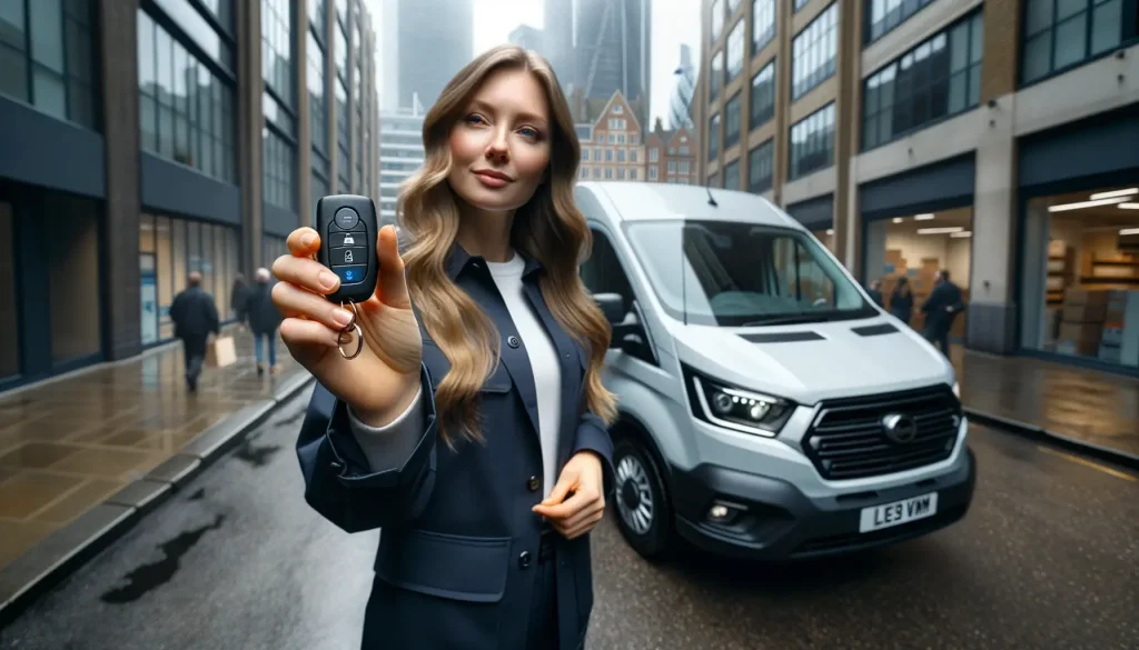 a women holding a wireless control to her van alarm system
