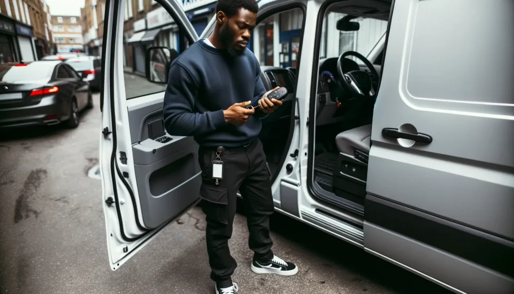 a delivery driver checking his van security with his phone