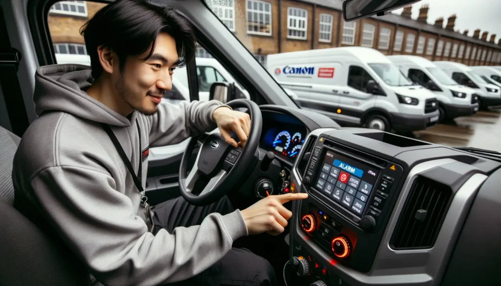 delivery driver checking the high tech screen of his work van 