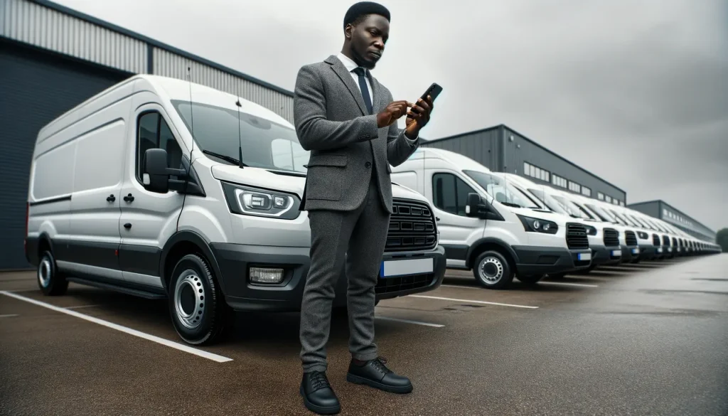 a man in a suit reviewing his alarm system for his vans