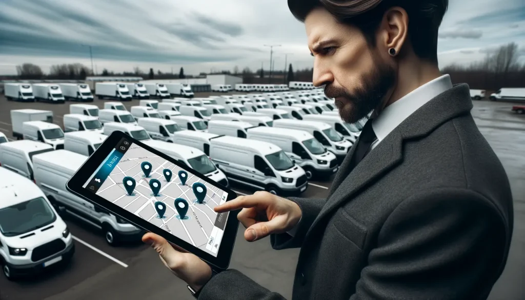 a van fleet owner looking at all of his vans through a GPS tracking system