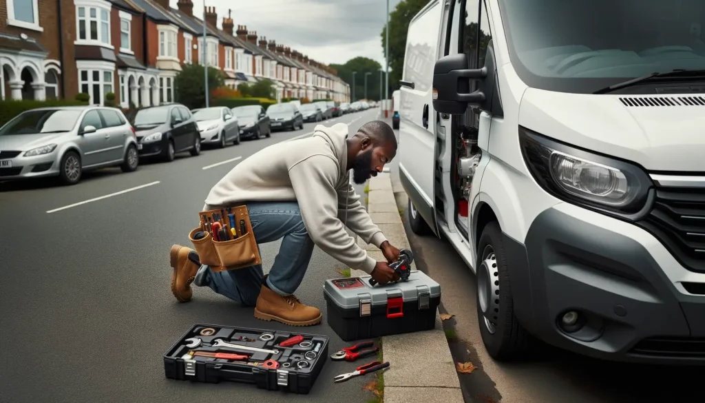a plumber installing a security system in his van