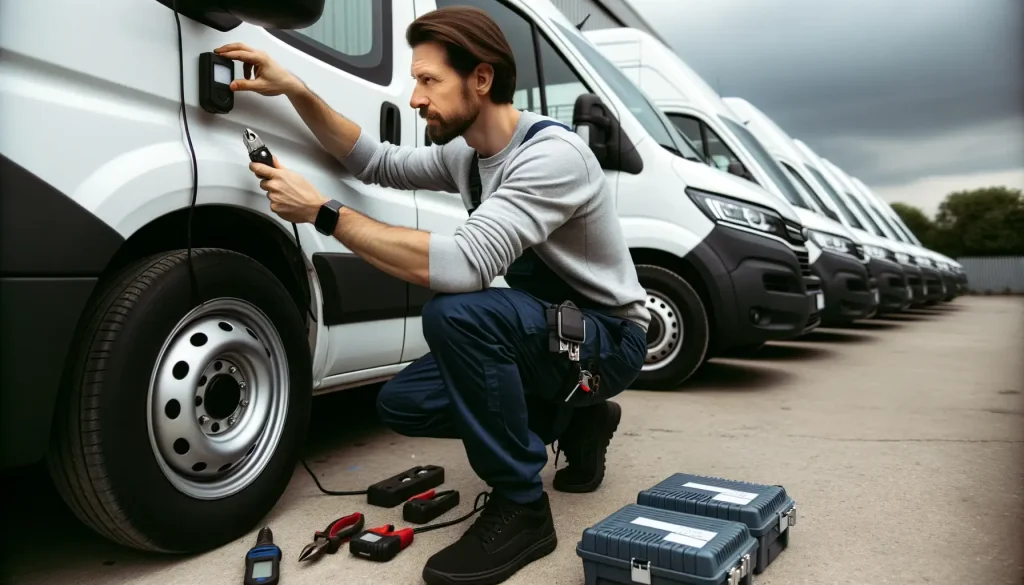 a worker installing a sensor alarm system on his van