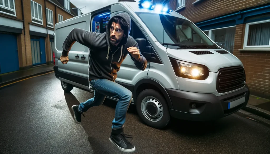 a man running away from an activated alarm system