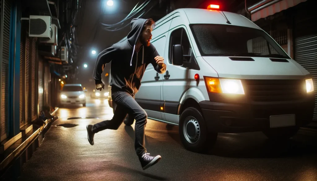 a man running away from a van as the siren system has been set off 