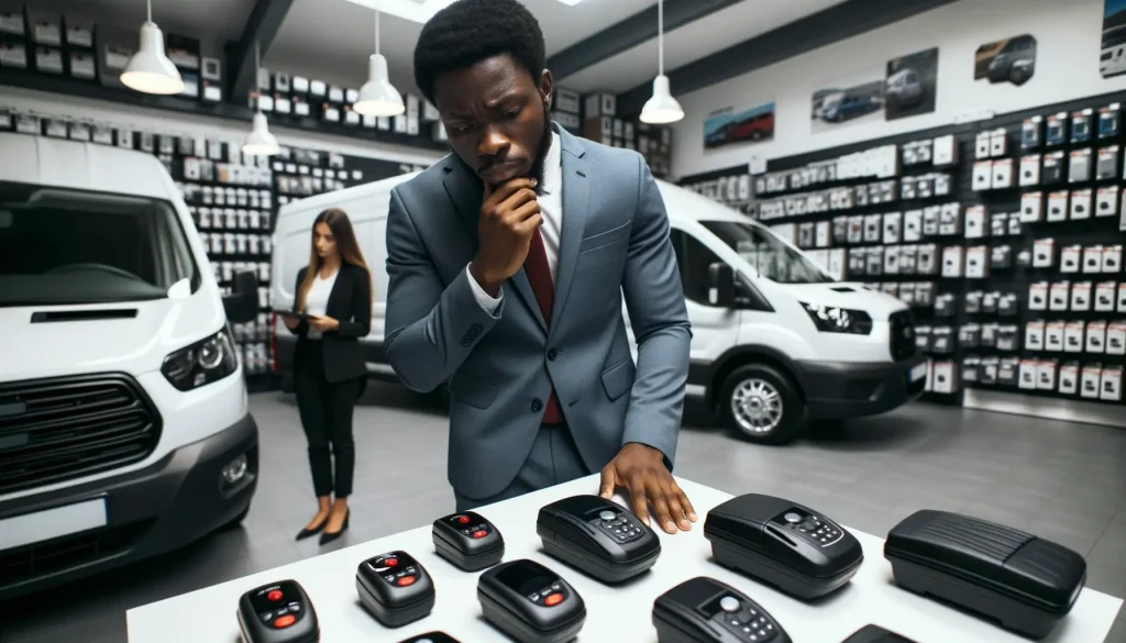 a van fleet owner selecting deciding between several van alarm systems