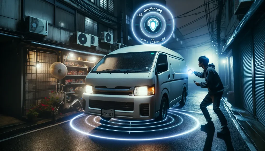 a van with geo fencing activated illustrated by neon overaly over the image
