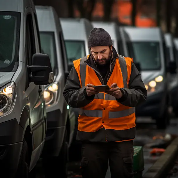 a worker reviewing is van alarm system on his phone