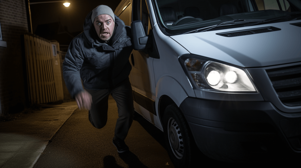 a thief running away from a van due to an audible alarm 
