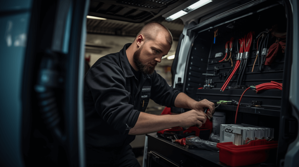 a tradesmen installing a security system in his van 