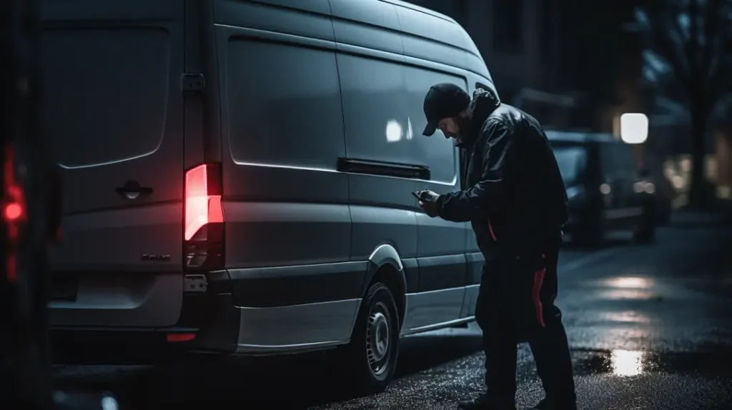 a man checking his sensor alarm system on his van 