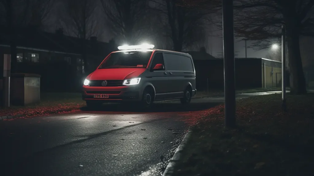 a van in a dark street with a visual alarm system with bright lights that was activated by geofencing alarm system