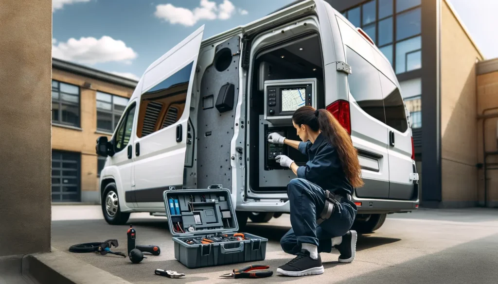 a-security-worker-is-actively-upgrading-the-security-system-of-a-white-van.