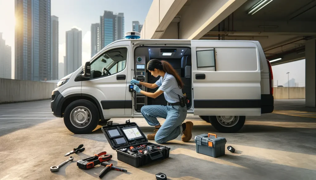 security-worker-is-actively-upgrading-the-security-system-of-a-white-van