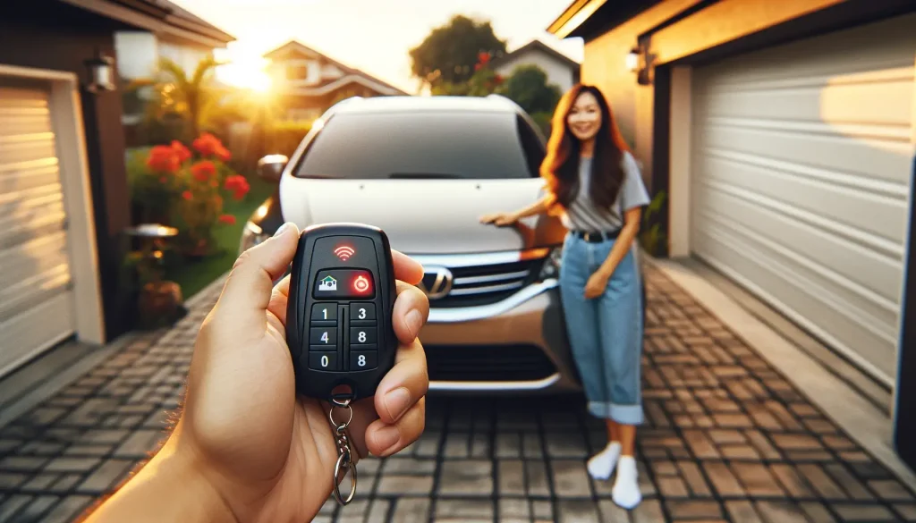 -a-car-parked-in-a-residential-driveway-with-the-owner-a-Hispanic-female-standing-beside-it