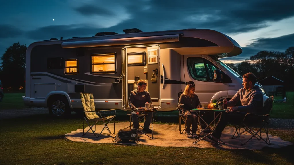 a family enjoying time together by their motorhome on a campsite 
