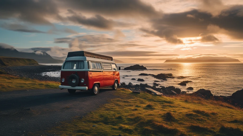 a red camper van travelling along the coast line