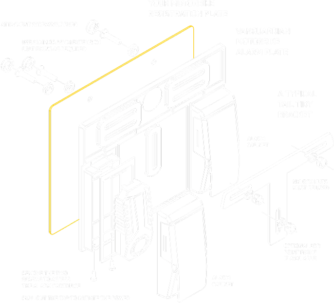 Diagram showing how to install the VanGuardian self-fit motorbike alarm system on a motorcycle